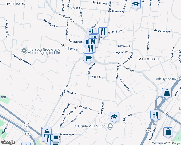 map of restaurants, bars, coffee shops, grocery stores, and more near 920 Ellison Avenue in Cincinnati