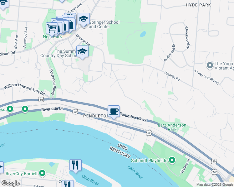 map of restaurants, bars, coffee shops, grocery stores, and more near 11 Weebetook Lane in Cincinnati