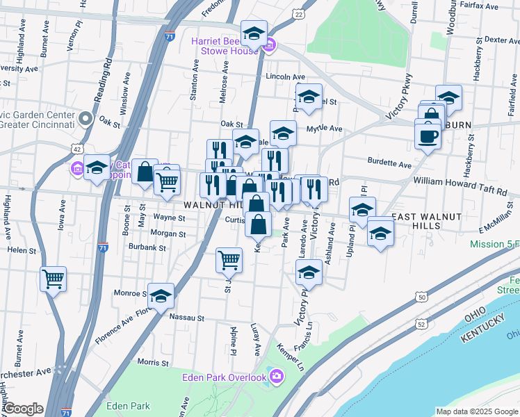 map of restaurants, bars, coffee shops, grocery stores, and more near 2500 Kemper Lane in Cincinnati