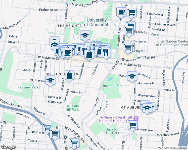 map of restaurants, bars, coffee shops, grocery stores, and more near 2407 Ohio Avenue in Cincinnati