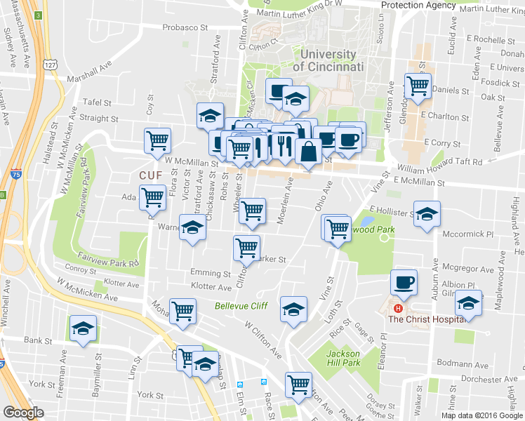 map of restaurants, bars, coffee shops, grocery stores, and more near 228 Atkinson Street in Cincinnati