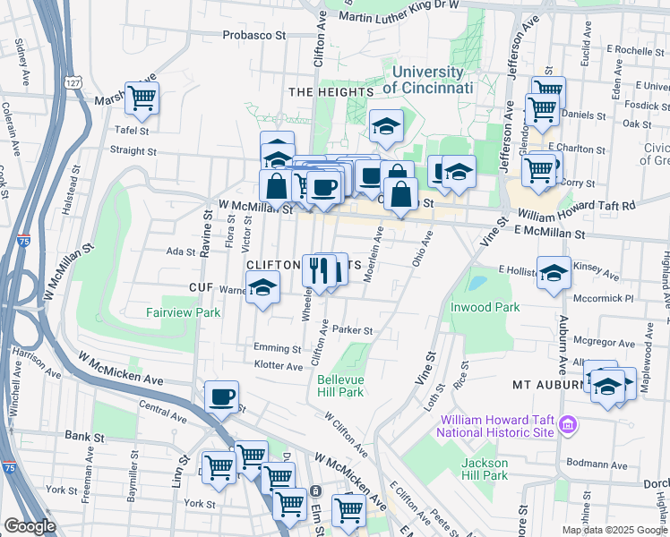 map of restaurants, bars, coffee shops, grocery stores, and more near 228 Atkinson Street in Cincinnati
