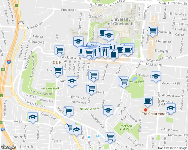 map of restaurants, bars, coffee shops, grocery stores, and more near 228 Atkinson Street in Cincinnati