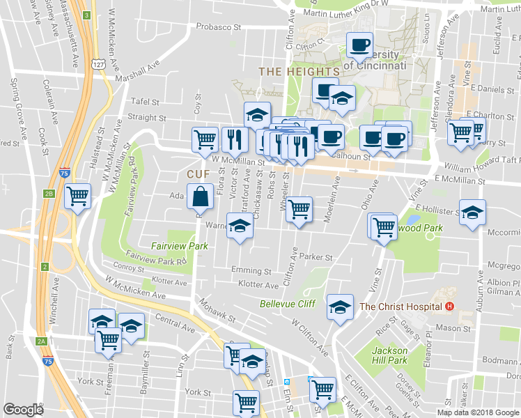 map of restaurants, bars, coffee shops, grocery stores, and more near 2328 Chickasaw Street in Cincinnati
