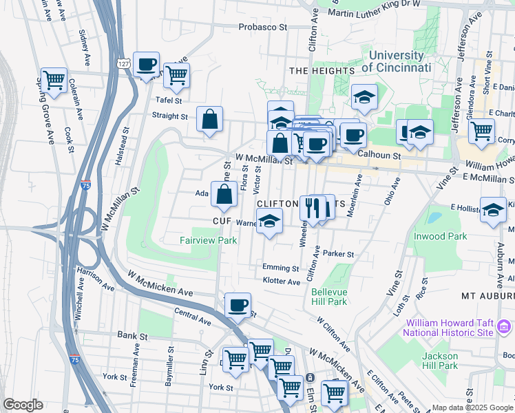 map of restaurants, bars, coffee shops, grocery stores, and more near 2320 Victor Street in Cincinnati