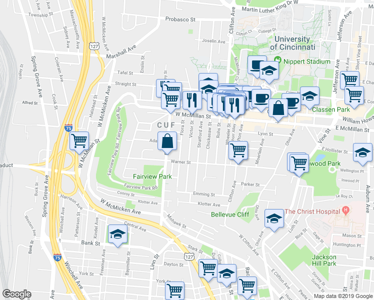 map of restaurants, bars, coffee shops, grocery stores, and more near 2320 Victor Street in Cincinnati
