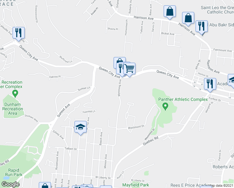 map of restaurants, bars, coffee shops, grocery stores, and more near 2303 Wyoming Avenue in Cincinnati