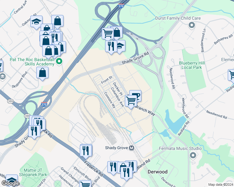 map of restaurants, bars, coffee shops, grocery stores, and more near 16223 Columbus Avenue in Derwood