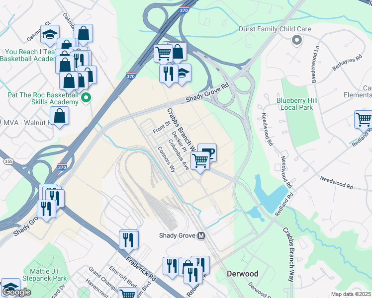 map of restaurants, bars, coffee shops, grocery stores, and more near 16195 Decker Place in Derwood