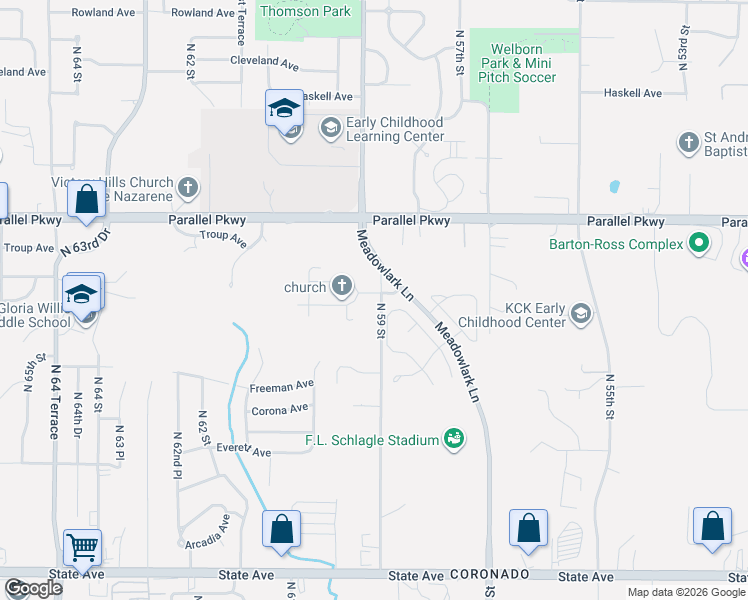 map of restaurants, bars, coffee shops, grocery stores, and more near 1812 North 59 Street in Kansas City