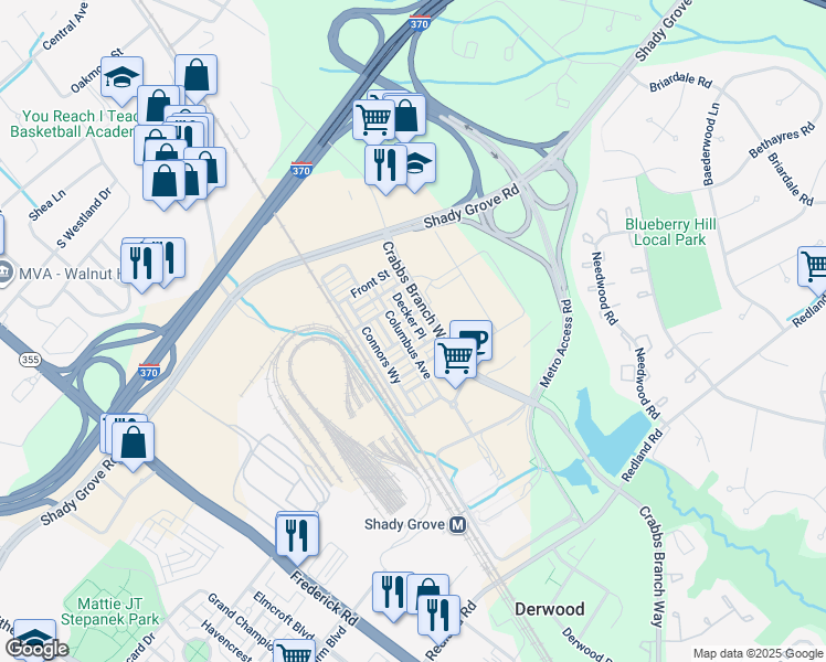 map of restaurants, bars, coffee shops, grocery stores, and more near 16210 Decker Place in Derwood