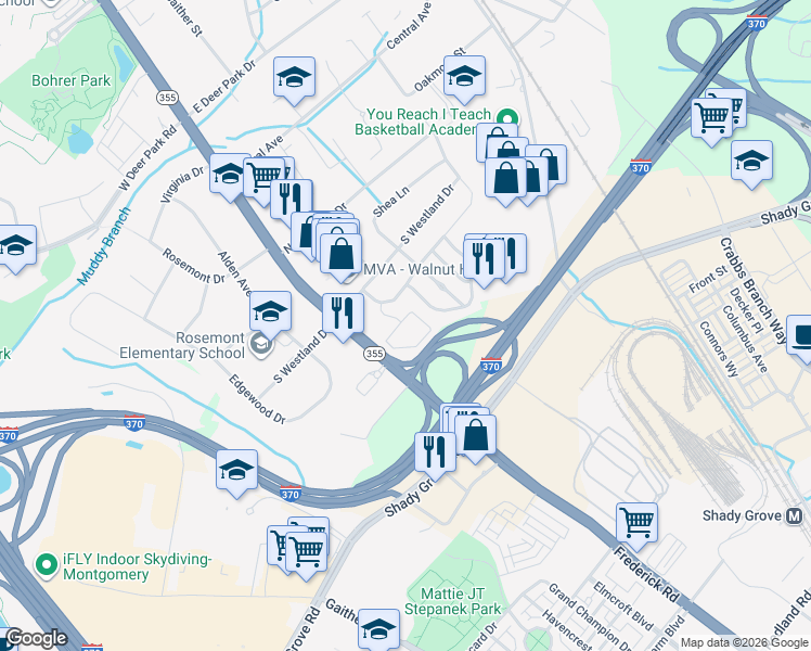 map of restaurants, bars, coffee shops, grocery stores, and more near 200 Skidmore Boulevard in Gaithersburg