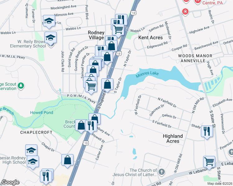 map of restaurants, bars, coffee shops, grocery stores, and more near 1799 South Taylor Drive in Dover