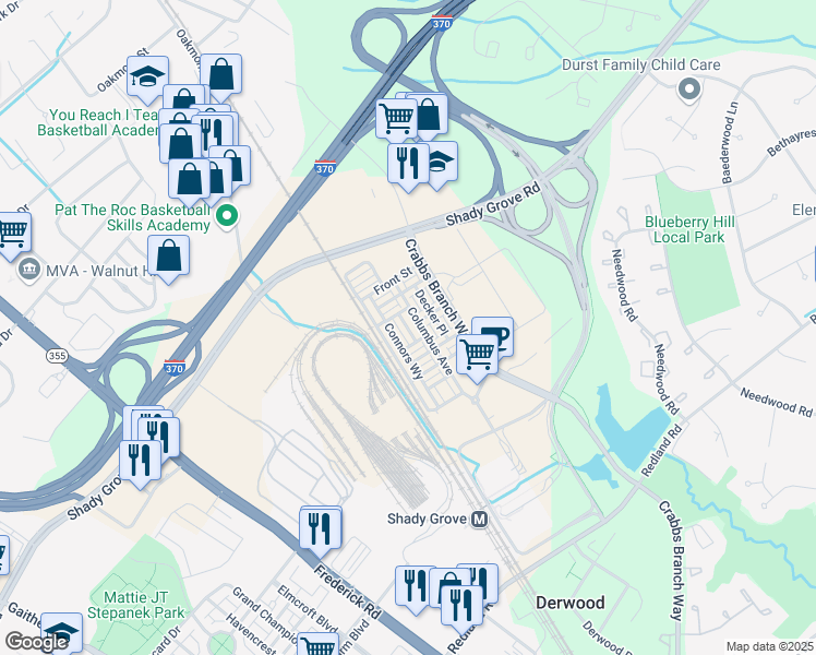 map of restaurants, bars, coffee shops, grocery stores, and more near 16658 Crabbs Branch Way in Rockville