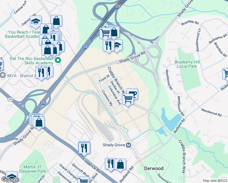 map of restaurants, bars, coffee shops, grocery stores, and more near 16223 Columbus Avenue in Derwood