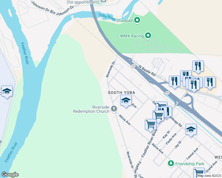 map of restaurants, bars, coffee shops, grocery stores, and more near 5901 Riverside Drive in Olivehurst