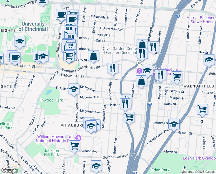 map of restaurants, bars, coffee shops, grocery stores, and more near 2439 Highland Avenue in Cincinnati