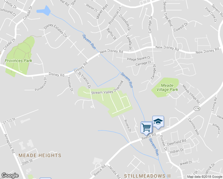 map of restaurants, bars, coffee shops, grocery stores, and more near 1618 Stream Valley Overlook in Severn