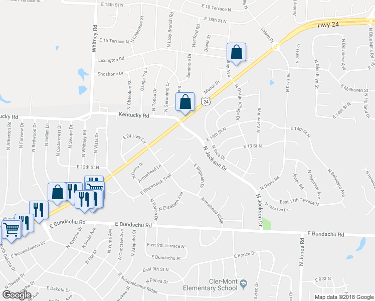 map of restaurants, bars, coffee shops, grocery stores, and more near 18806 East Blackhawk Trail in Independence