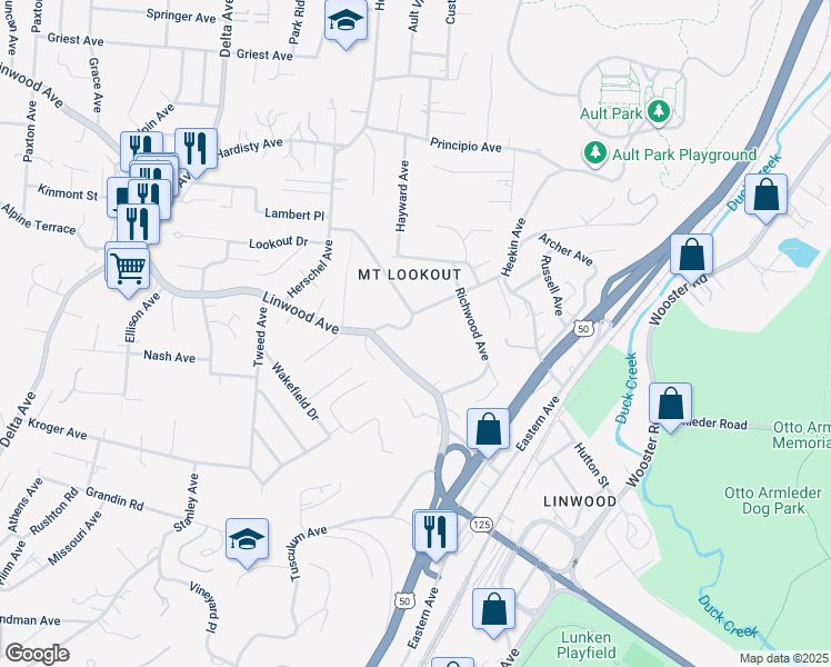 map of restaurants, bars, coffee shops, grocery stores, and more near 4831 Beverly Hill Drive in Cincinnati