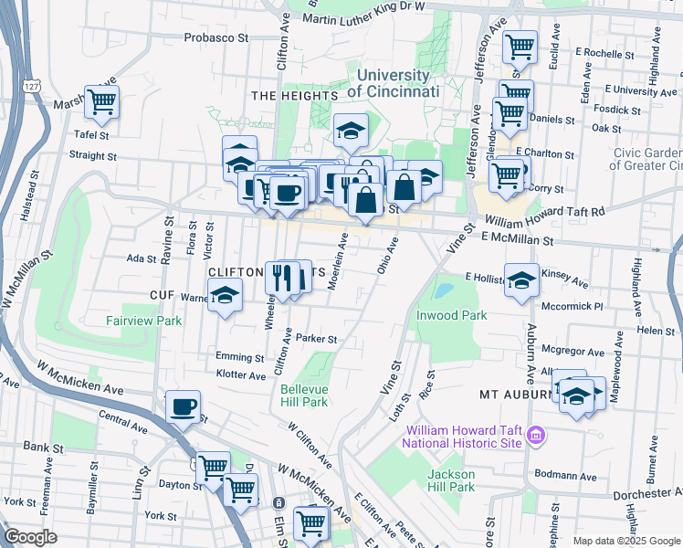 map of restaurants, bars, coffee shops, grocery stores, and more near 2334 Moerlein Avenue in Cincinnati