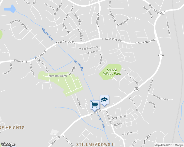 map of restaurants, bars, coffee shops, grocery stores, and more near 8018 Brookmead Court in Severn