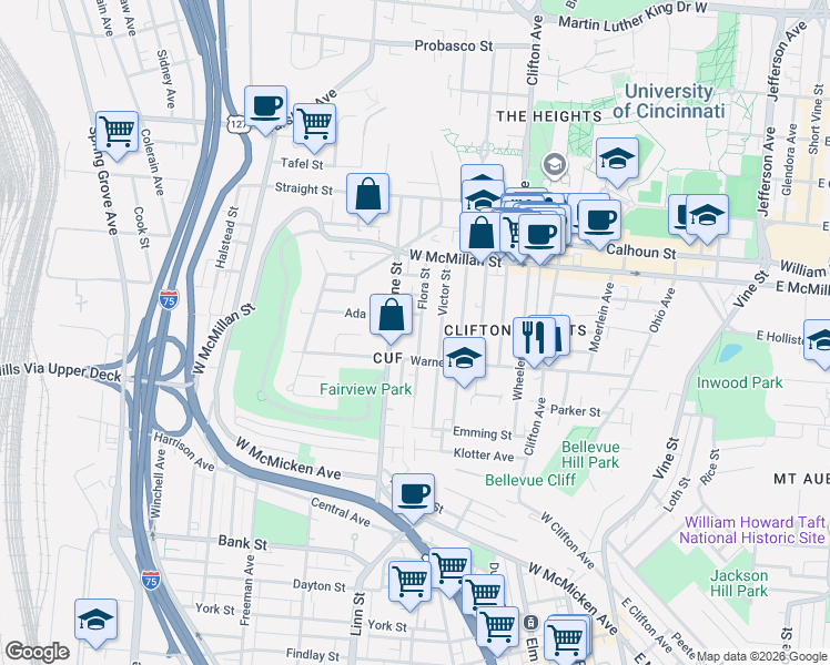 map of restaurants, bars, coffee shops, grocery stores, and more near 2323 Flora Street in Cincinnati