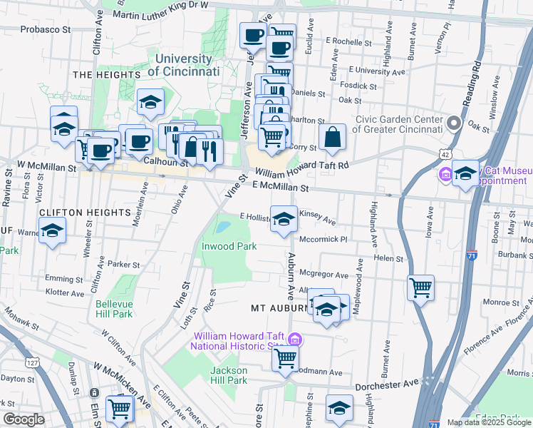 map of restaurants, bars, coffee shops, grocery stores, and more near 66 East Hollister Street in Cincinnati