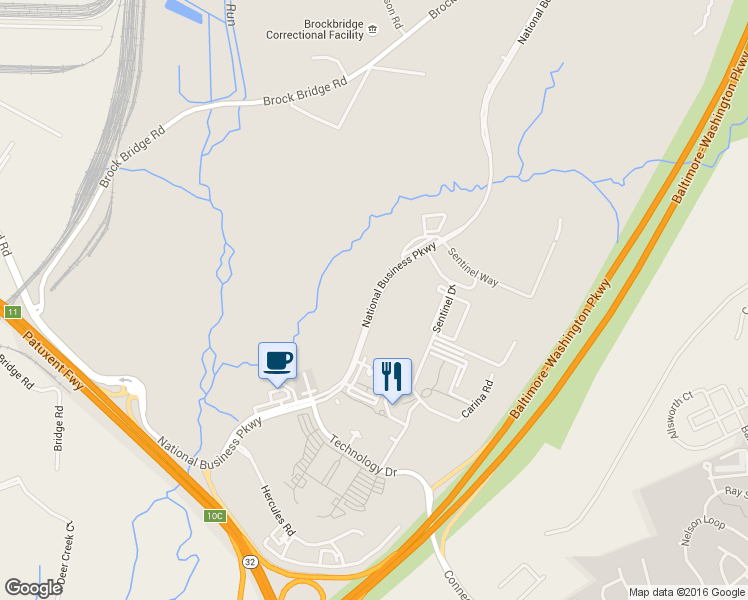 map of restaurants, bars, coffee shops, grocery stores, and more near National Business Parkway in Annapolis Junction