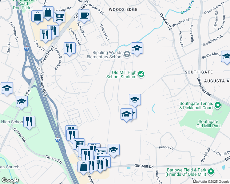 map of restaurants, bars, coffee shops, grocery stores, and more near 567 Nolview Court in Glen Burnie