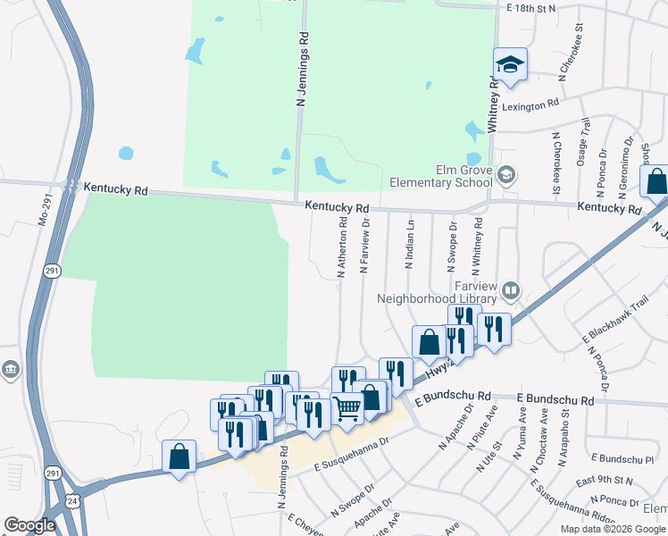 map of restaurants, bars, coffee shops, grocery stores, and more near 1208 North Atherton Road in Independence