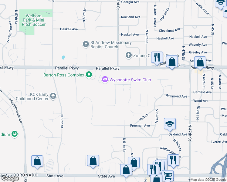 map of restaurants, bars, coffee shops, grocery stores, and more near 1852 North 51st Terrace in Kansas City