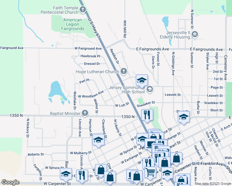 map of restaurants, bars, coffee shops, grocery stores, and more near 902 Warren Street in Jerseyville