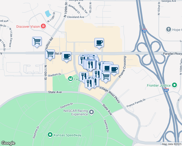 map of restaurants, bars, coffee shops, grocery stores, and more near 1851 Village West Parkway in Kansas City