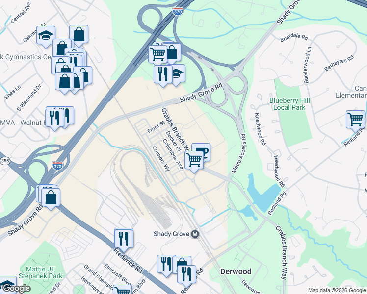 map of restaurants, bars, coffee shops, grocery stores, and more near 16560 Crabbs Branch Way in Rockville