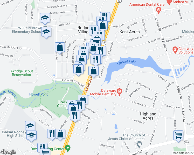 map of restaurants, bars, coffee shops, grocery stores, and more near 1800 South Taylor Drive in Dover