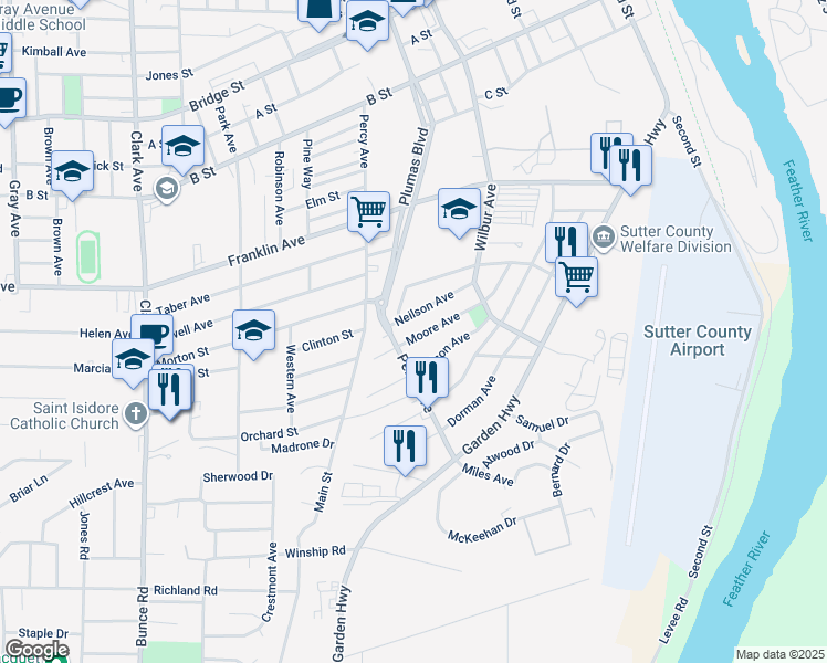map of restaurants, bars, coffee shops, grocery stores, and more near 311 Moore Avenue in Yuba City