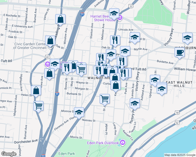 map of restaurants, bars, coffee shops, grocery stores, and more near in Cincinnati