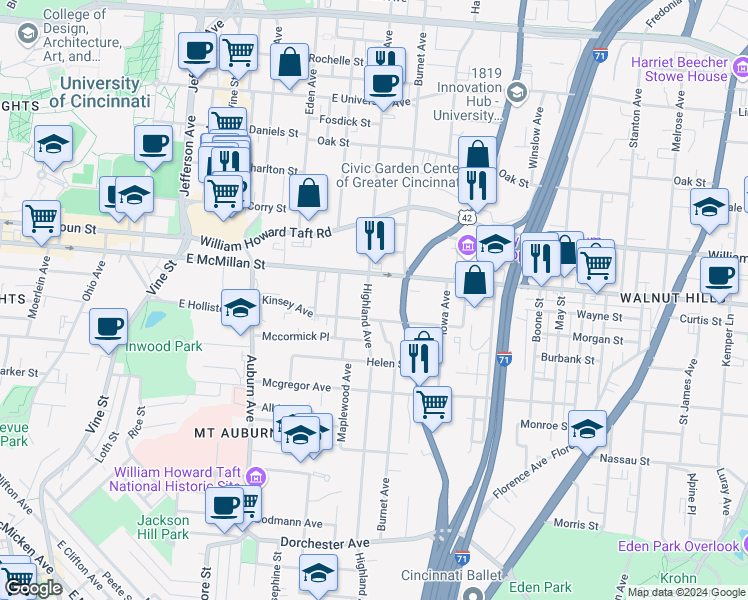 map of restaurants, bars, coffee shops, grocery stores, and more near 2499 U.S. 42 in Cincinnati
