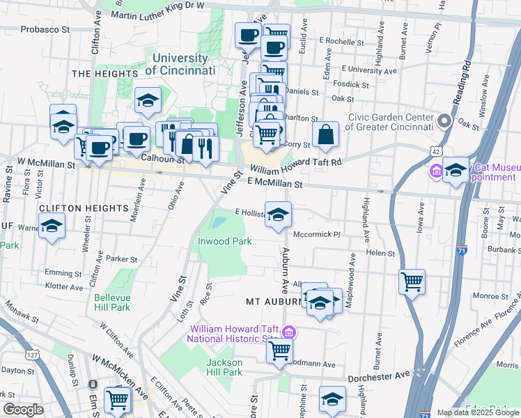map of restaurants, bars, coffee shops, grocery stores, and more near 66 East Hollister Street in Cincinnati