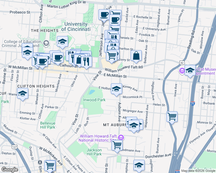 map of restaurants, bars, coffee shops, grocery stores, and more near 66 East Hollister Street in Cincinnati