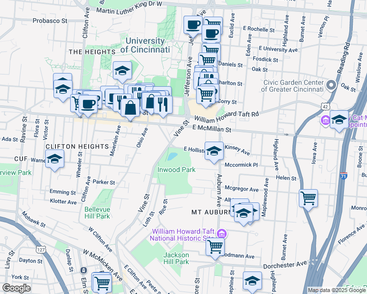 map of restaurants, bars, coffee shops, grocery stores, and more near 30 East Hollister Street in Cincinnati