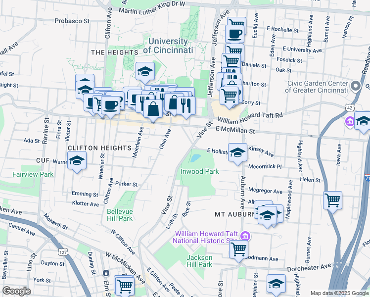 map of restaurants, bars, coffee shops, grocery stores, and more near 2385 Vine Street in Cincinnati