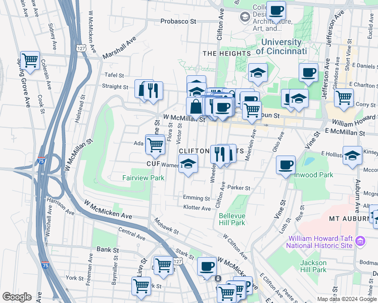 map of restaurants, bars, coffee shops, grocery stores, and more near 2320 Victor Street in Cincinnati