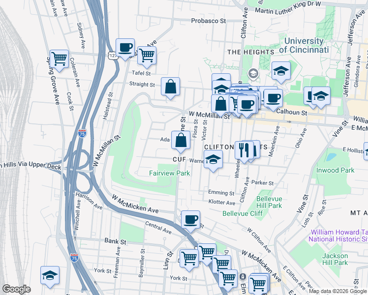 map of restaurants, bars, coffee shops, grocery stores, and more near 2327 Flora Street in Cincinnati