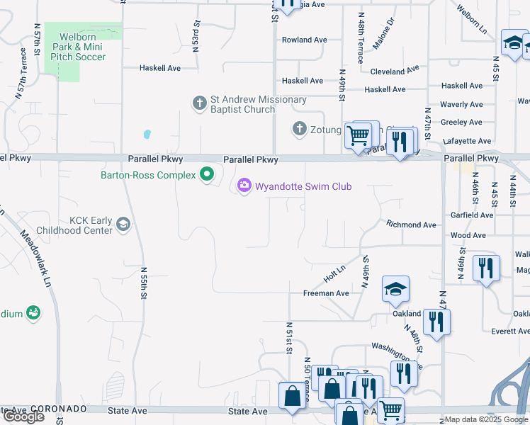 map of restaurants, bars, coffee shops, grocery stores, and more near 1852 North 51st Terrace in Kansas City