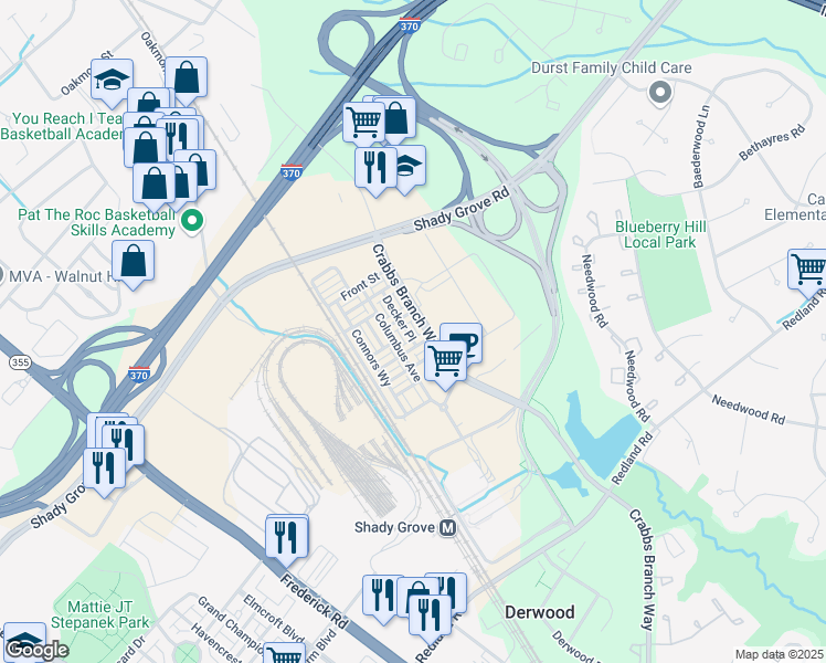 map of restaurants, bars, coffee shops, grocery stores, and more near 16203 Decker Place in Derwood