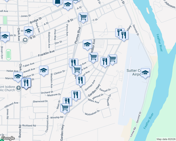 map of restaurants, bars, coffee shops, grocery stores, and more near 31 Wilson Avenue in Yuba City