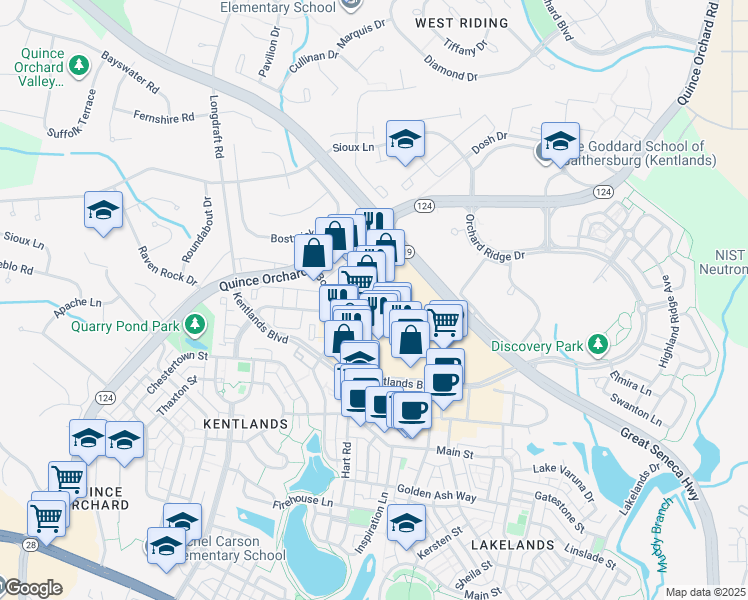 map of restaurants, bars, coffee shops, grocery stores, and more near 217 Kentlands Boulevard in Gaithersburg
