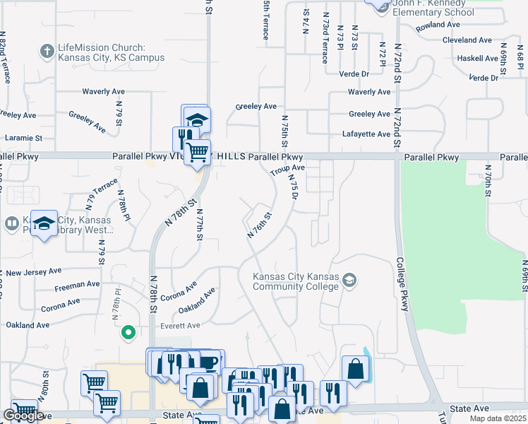 map of restaurants, bars, coffee shops, grocery stores, and more near 1919 North 76th Drive in Kansas City